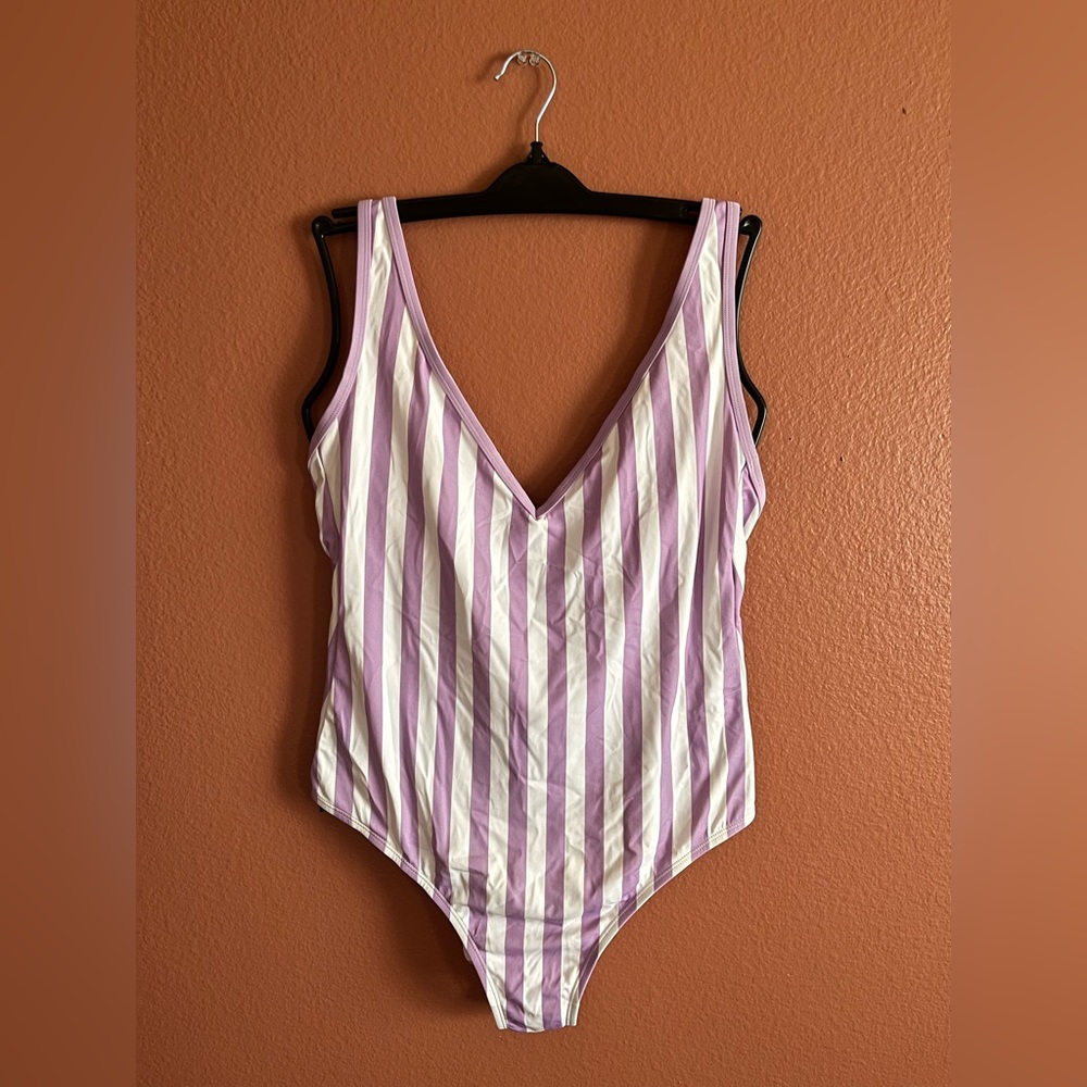Kona Sol lavender and white striped one piece bathing suit